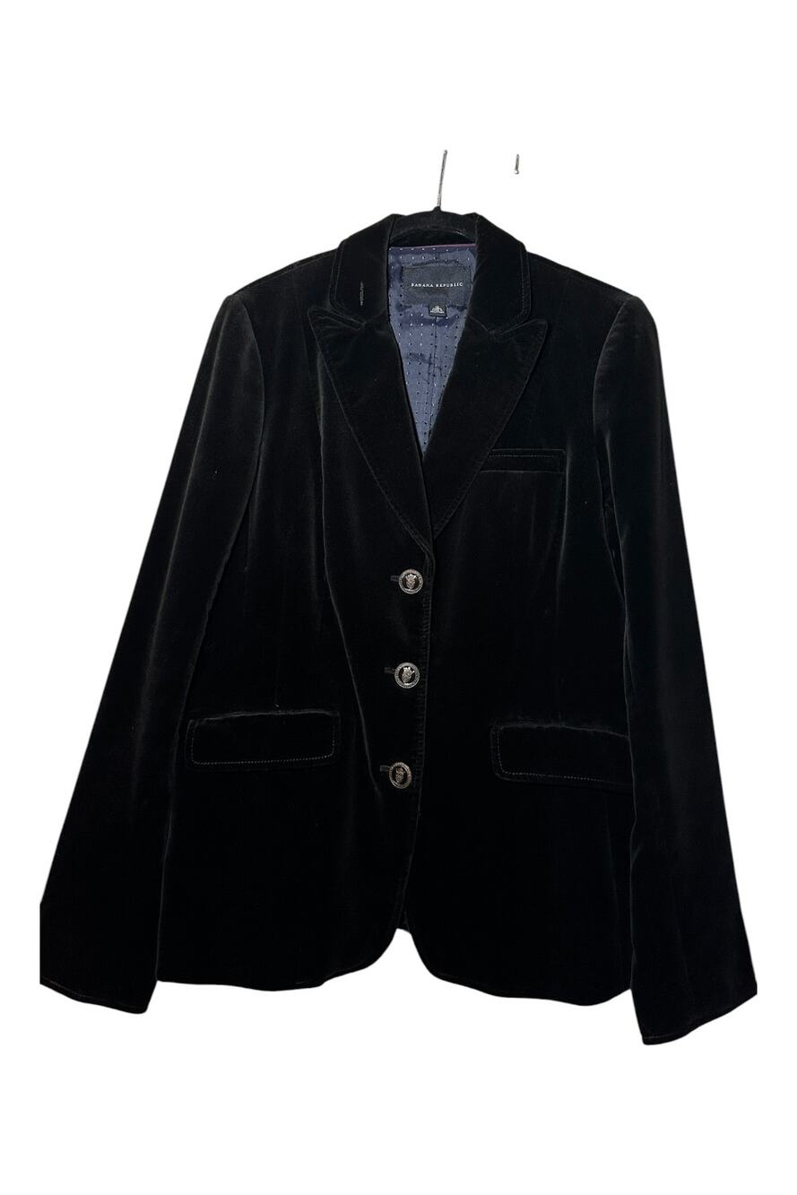 Banana Republic Vintage Black Velvet Tailored 3-Button Blazer w Polka Dot Lining